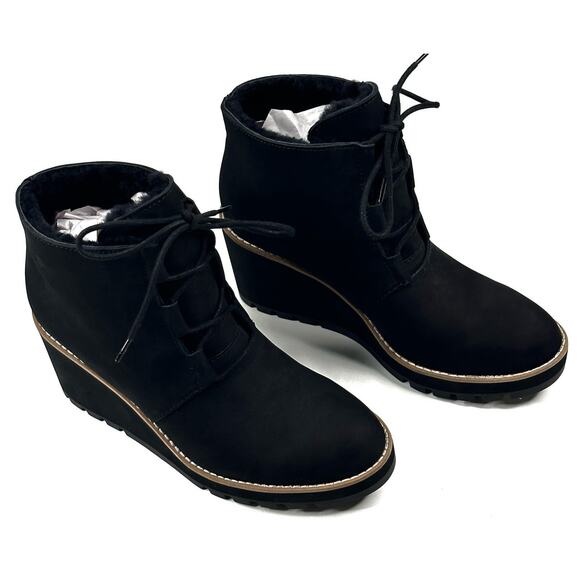 Eileen Fisher Alpine Black Nubuck Wedge Bootie Womens 8 Real Shearling New $275 - Picture 1 of 11